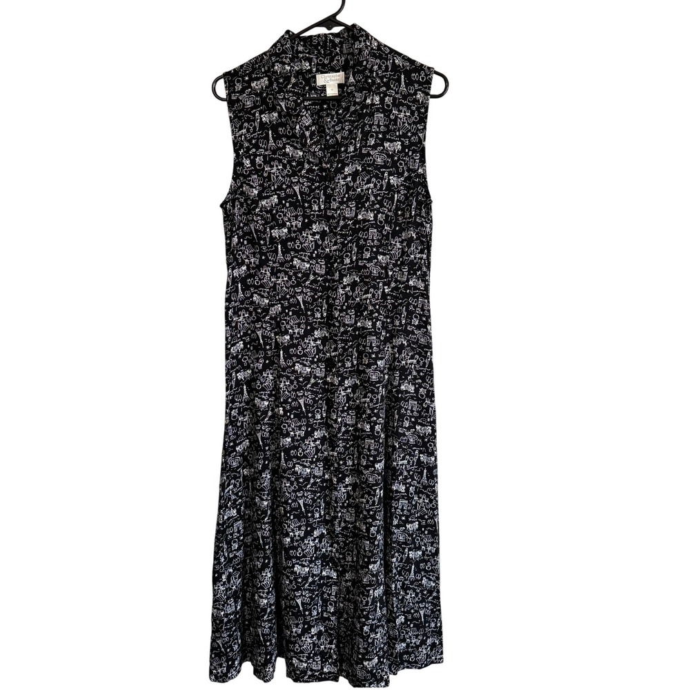 VTG Christopher Banks Maxi Dress 12 Black Paris Eiffel Tower Print Travel Whimsy